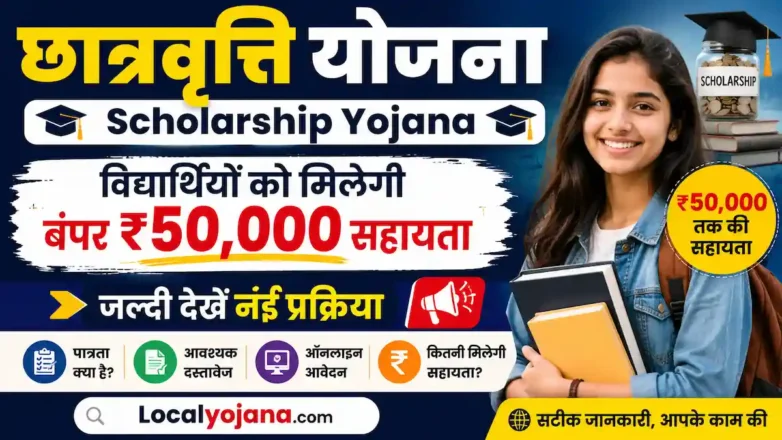 छात्रवृत्ति योजना Scholarship Yojana की थंबनेल, जिसमें विद्यार्थियों को ₹50,000 तक छात्रवृत्ति, पात्रता, आवश्यक दस्तावेज और ऑनलाइन आवेदन प्रक्रिया दिखाई गई है।