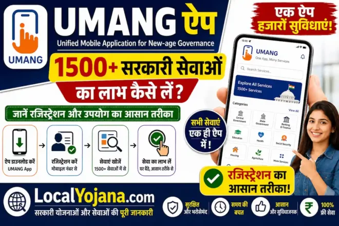 स्मार्टफोन पर उमंग ऐप का इंटरफेस और सरकारी सेवाएं